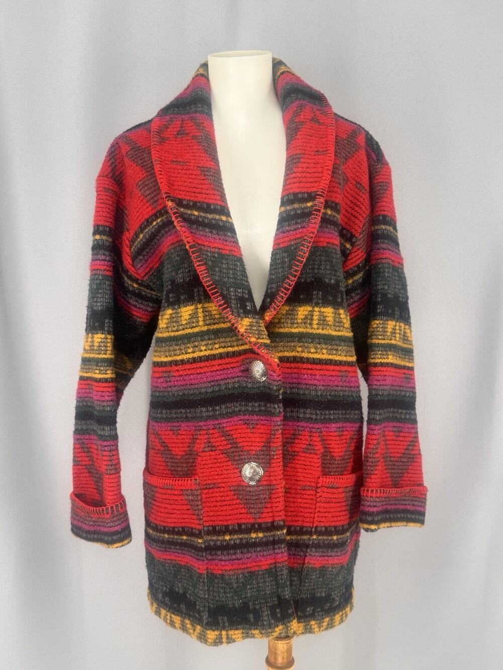 Vtg Circle T Blanket Jacket Womens Small Shawl Collar South Western Wool Blend